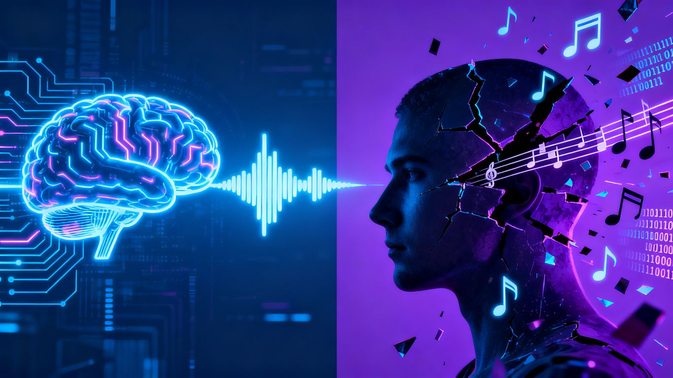 Sound wave and fractured head with musical notes.