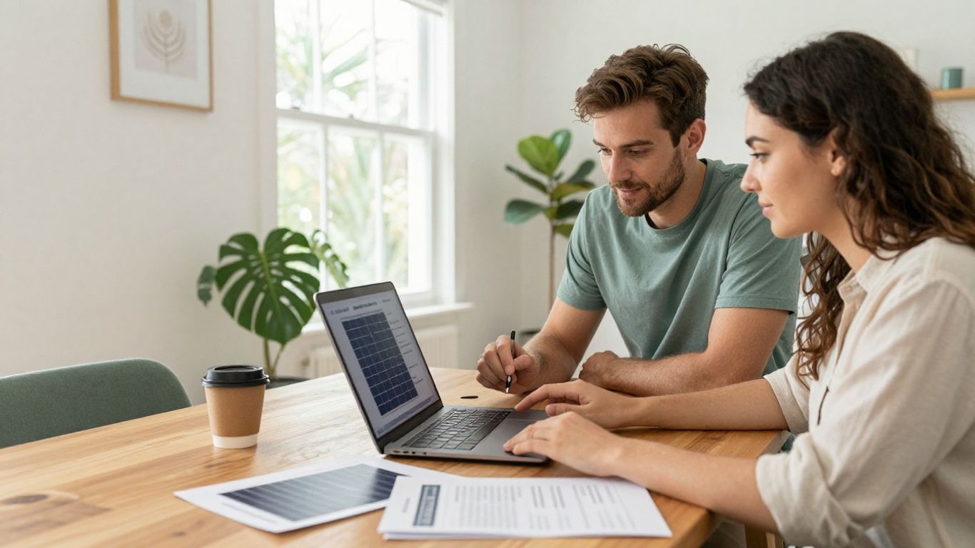 Customers comparing detailed solar installer reviews at home