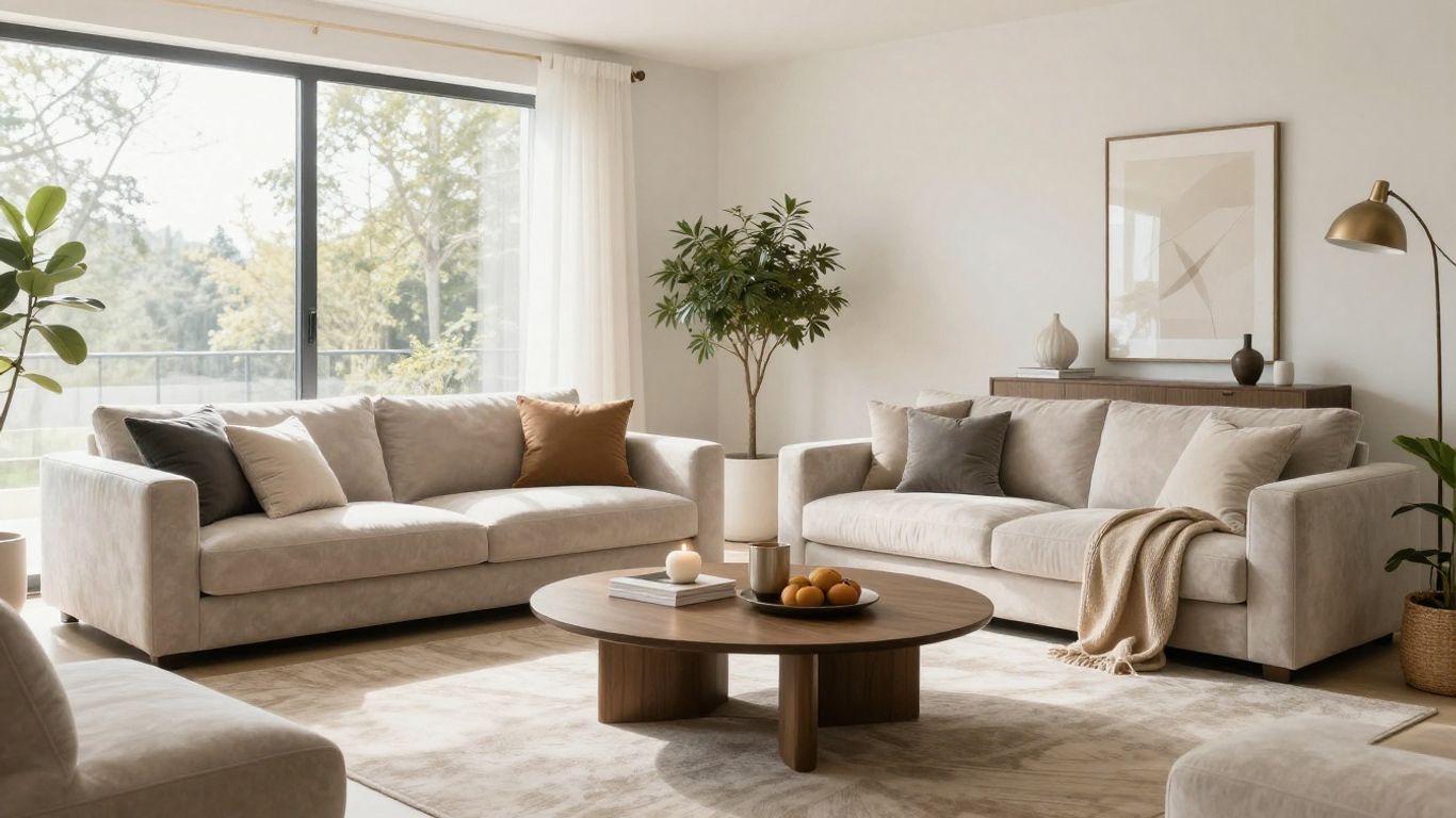 Modern Airbnb living room with stylish furniture and natural light.