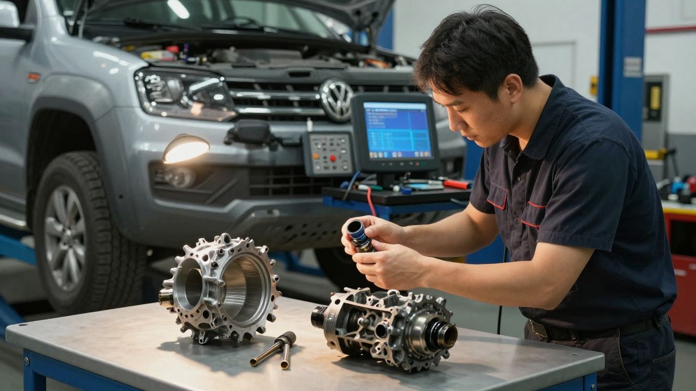 Technician comparing gearbox codes and components