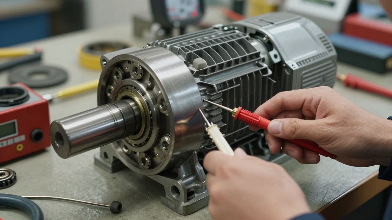 Close view of tested motor components and bearings