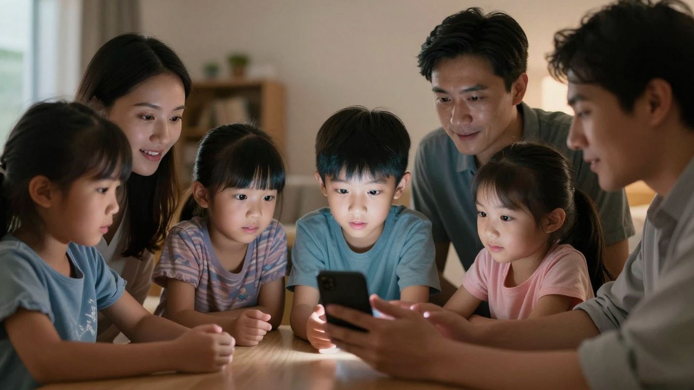 Pais e filhos olhando para um smartphone brilhante.