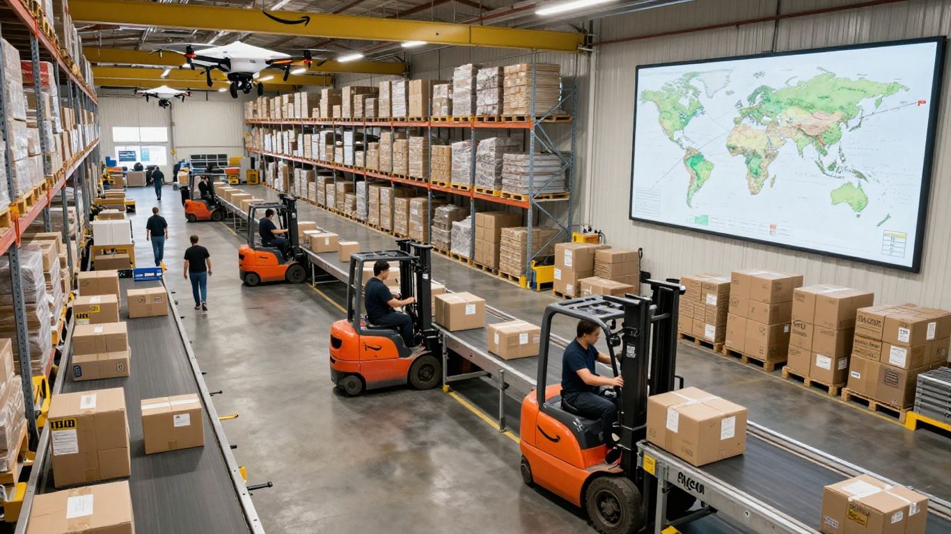 Amazon fulfillment center with workers, packages, and drones.