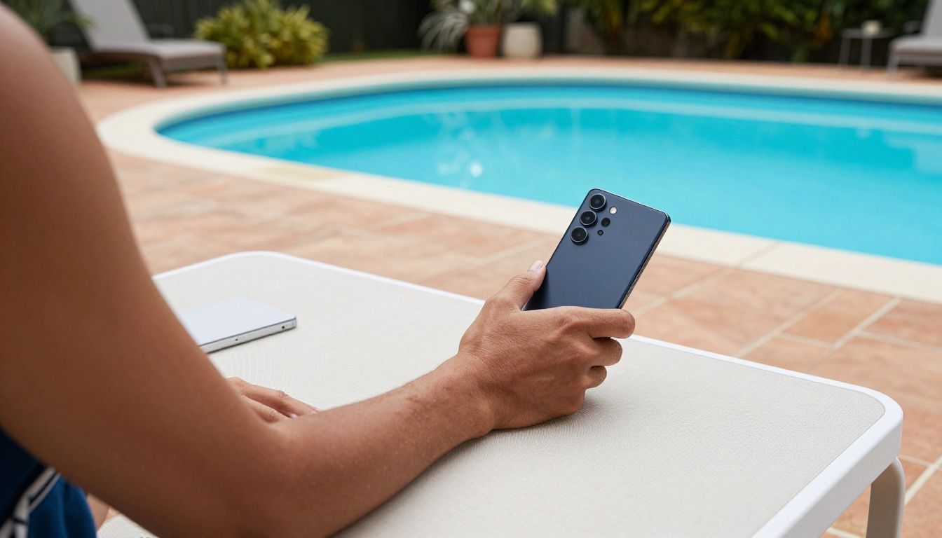 A person relaxing by a backyard pool in Australia, their Galaxy S23 Ultra resting on a table nearby