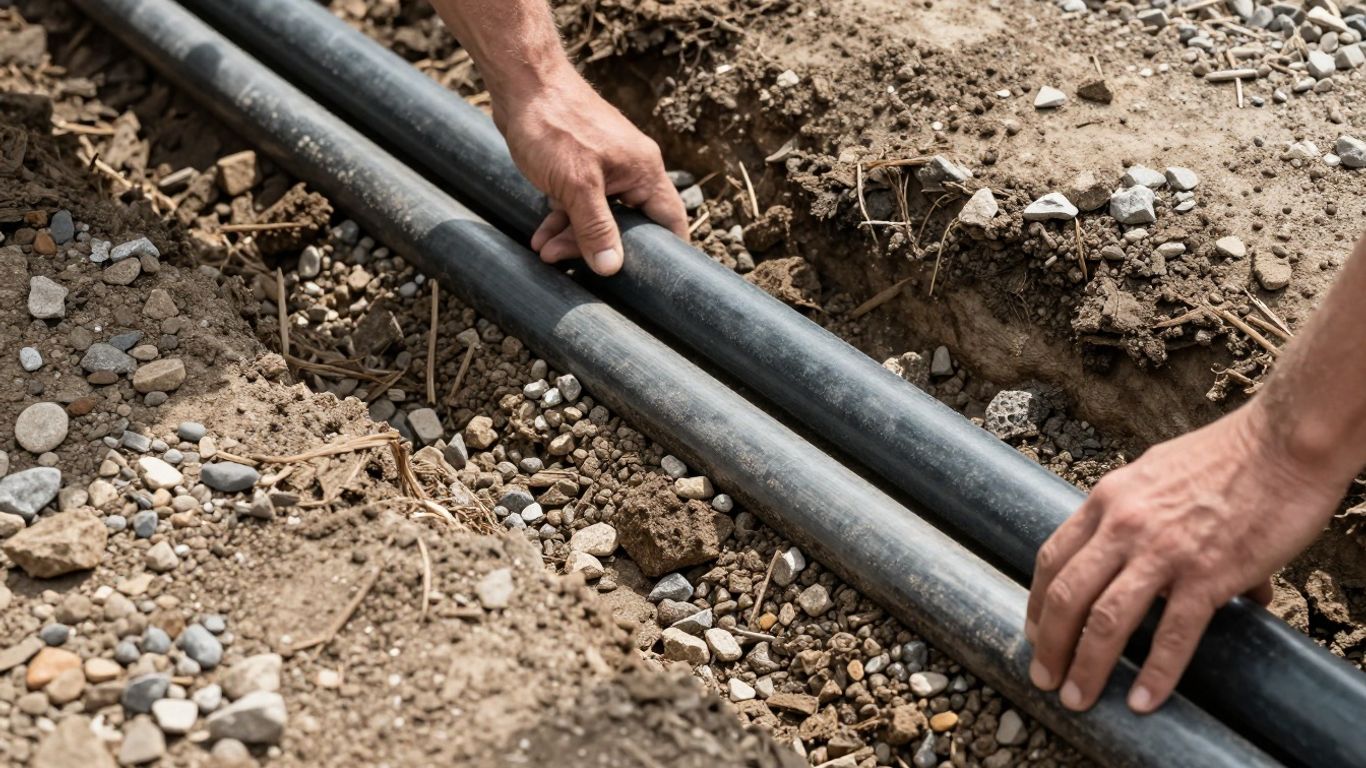 Drainagerohre werden in Kies verlegt.