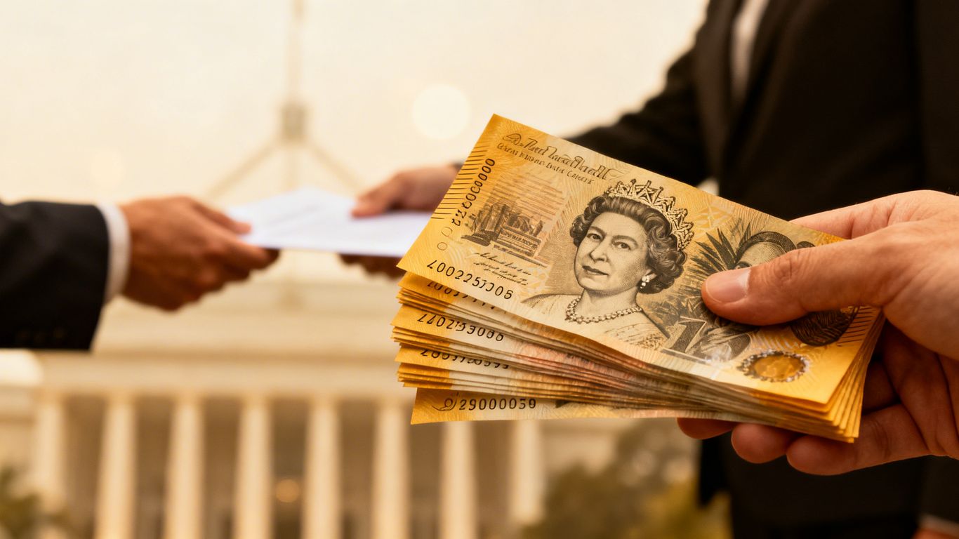 Australian dollar bills and a person receiving financial aid.