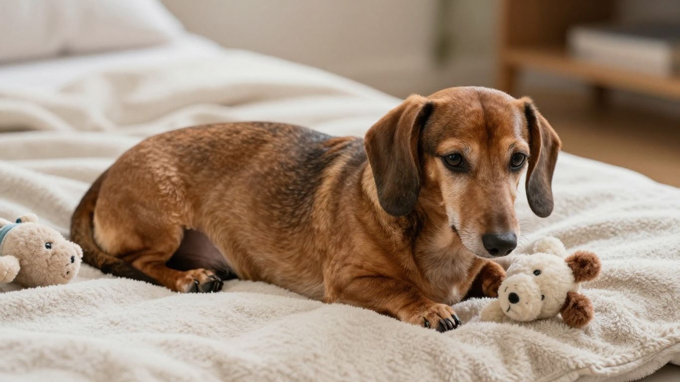 Älterer Dackel entspannt auf einer Decke mit Spielzeug.