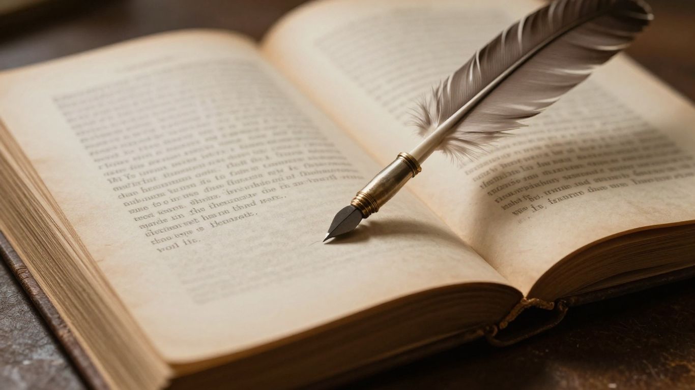 Open book with quill pen on pages.