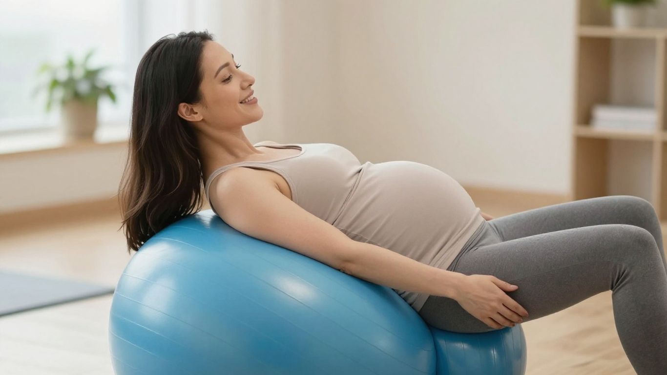 Mujer embarazada sentada en una pelota de pilates.
