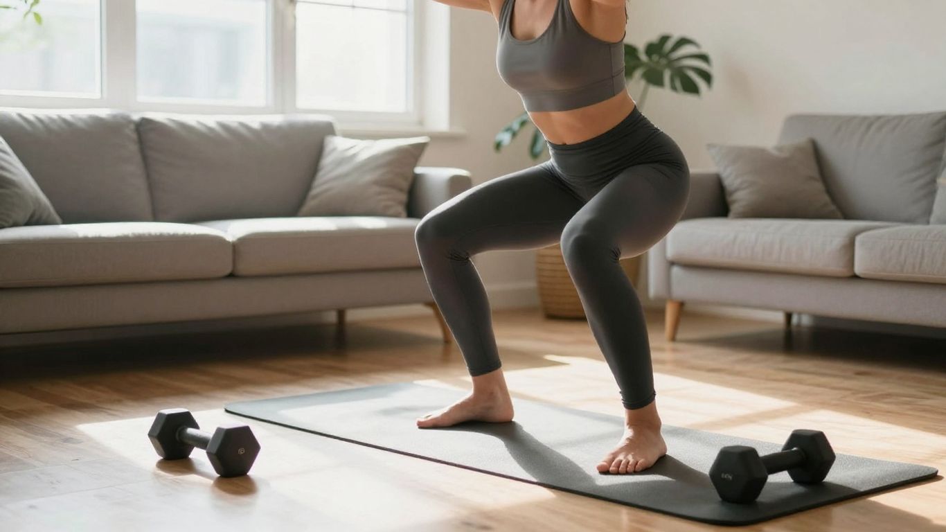 Beginner doing strength training at home with dumbbells.