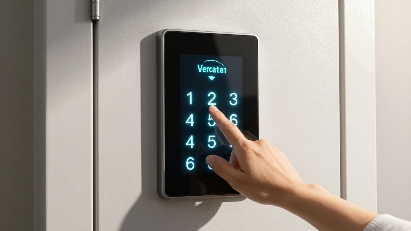 Vacation rental door with keyless entry keypad.