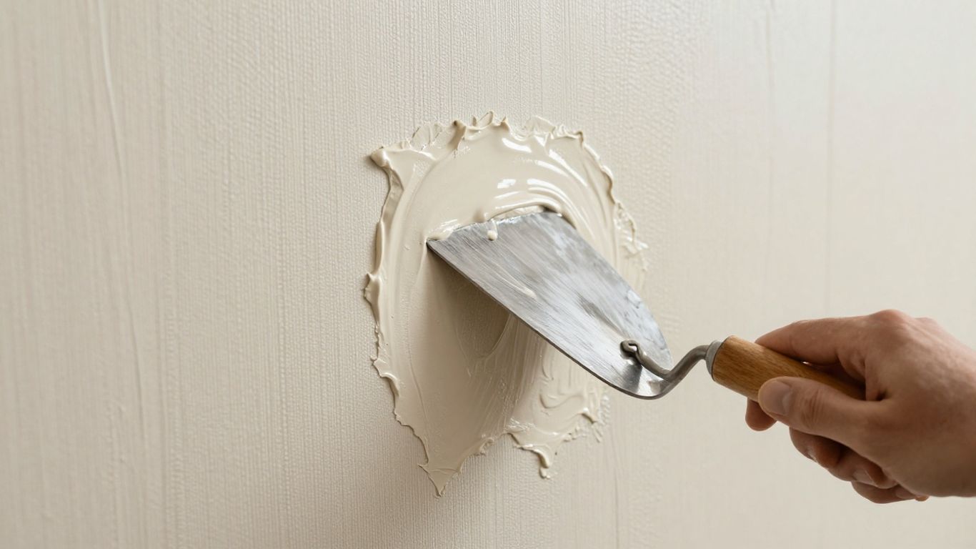 Plasterer applying plaster over wallpaper on a wall.
