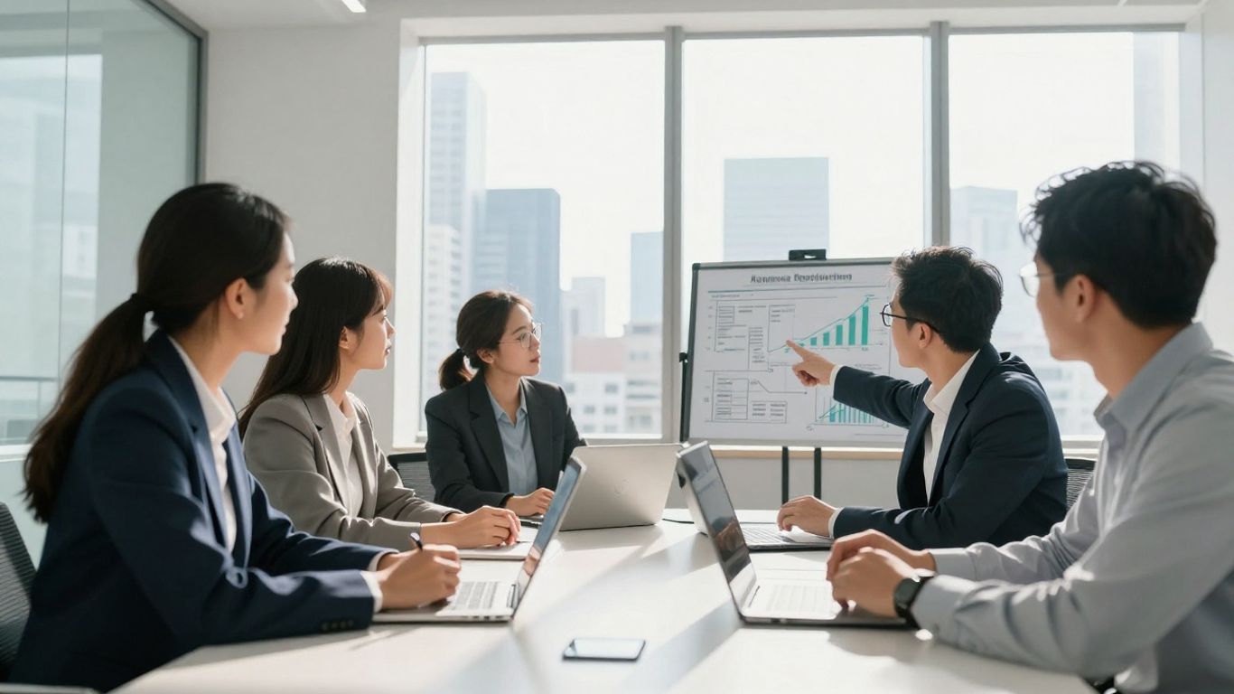 Business professionals strategizing in a modern office with city view.