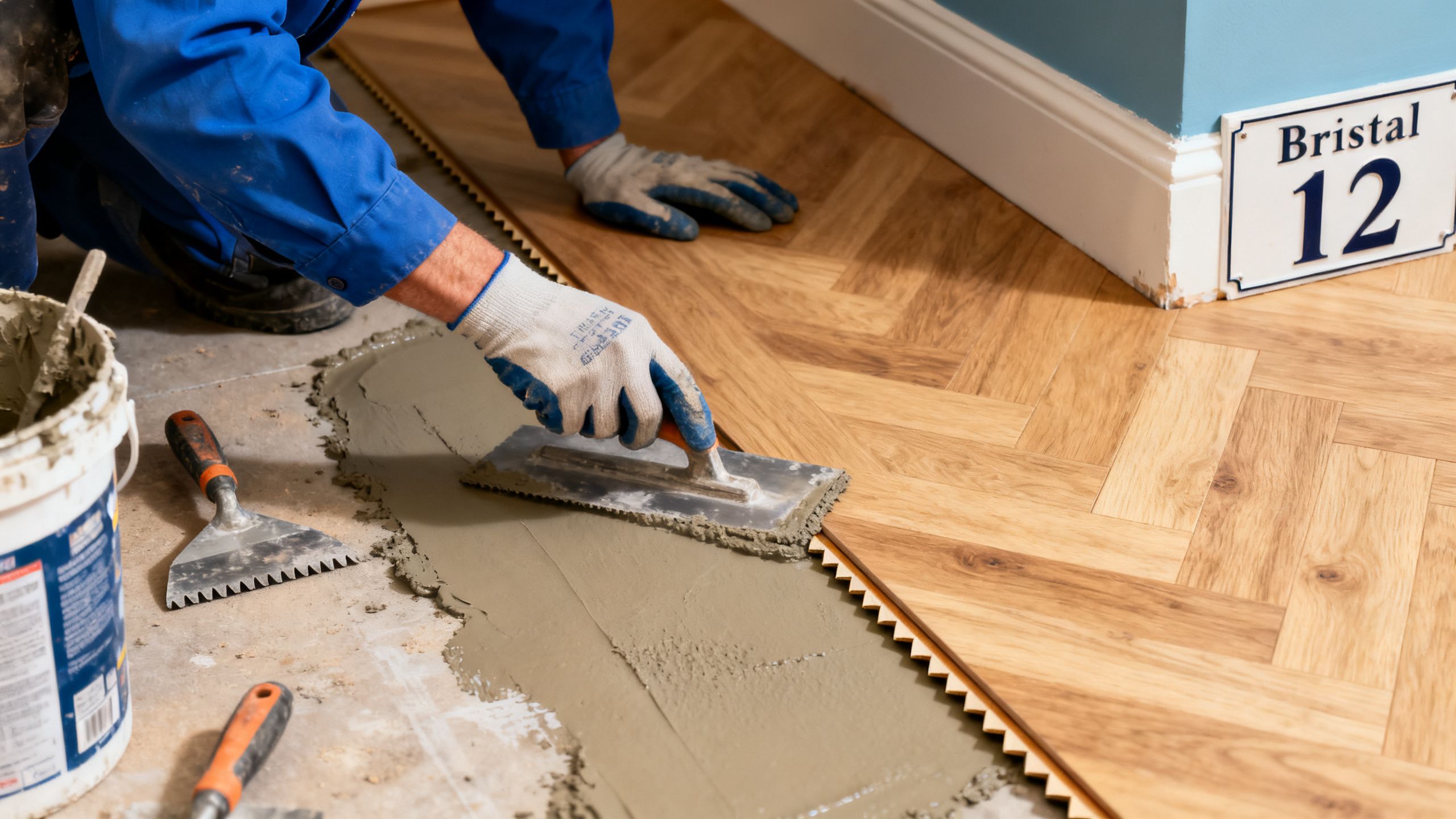 Installer preparing a level subfloor before fitting glue-down LVT beside finished laminate flooring in a Bristol home