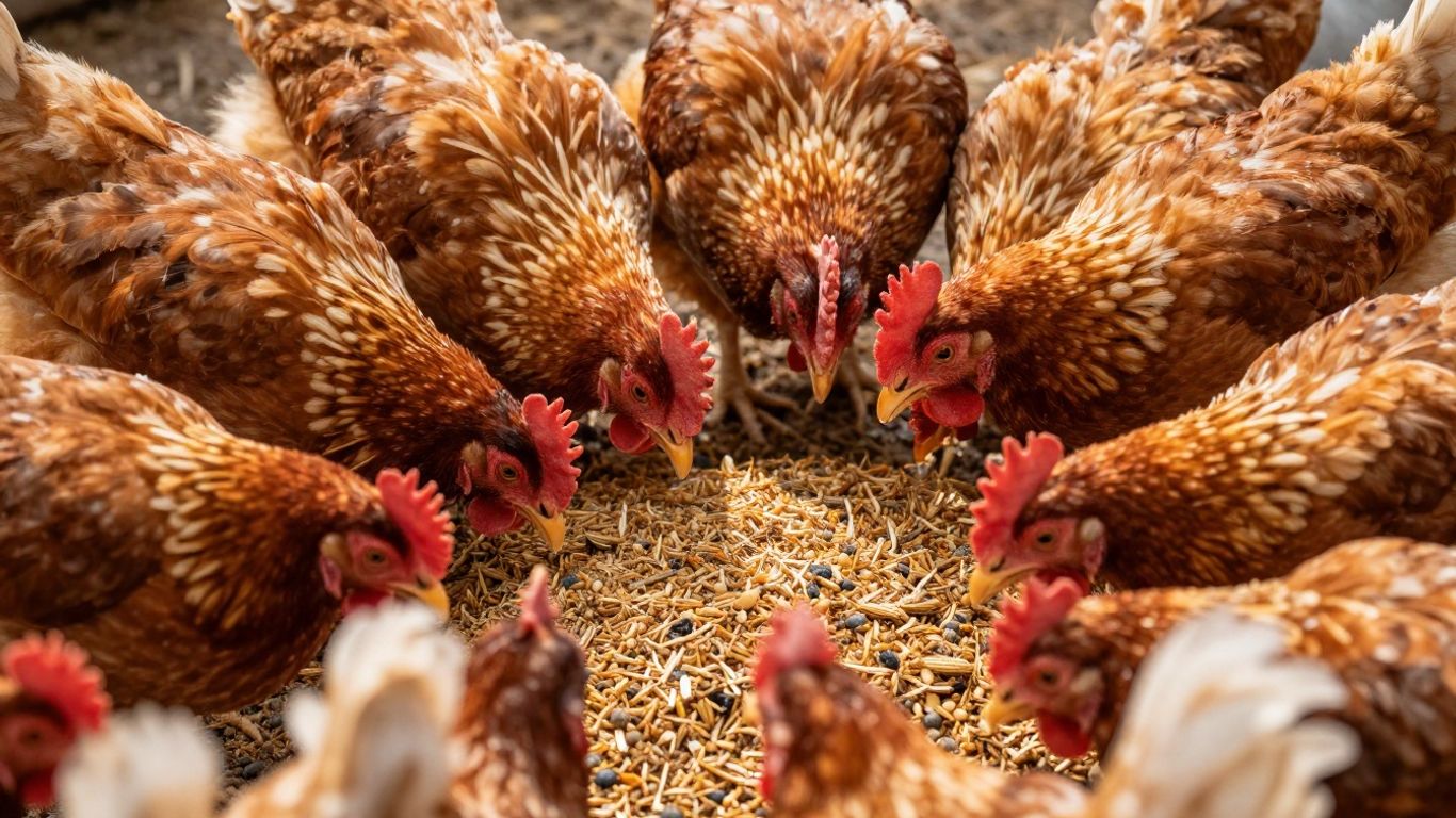 Kurczaki jedzące paszę, symbolizujące dobry apetyt.