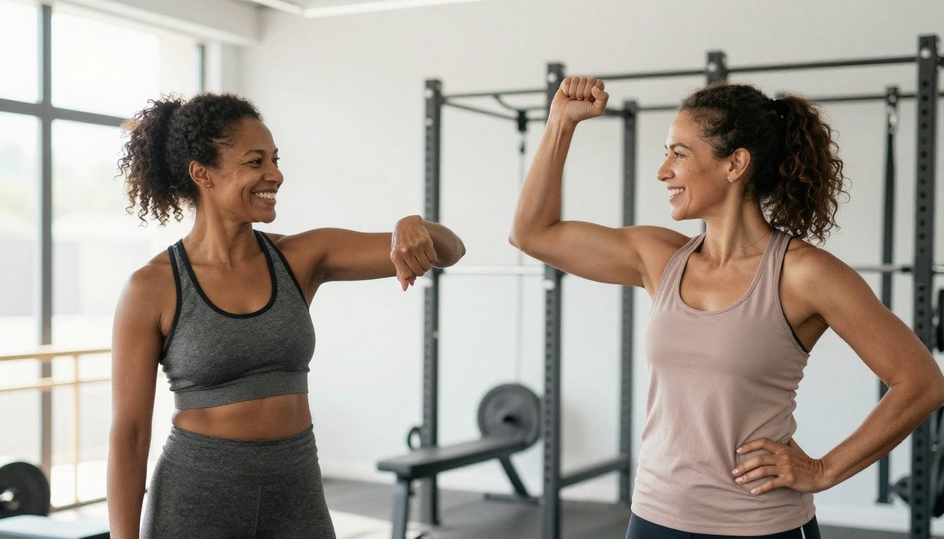 A vibrant, healthy man and woman in their late 40s, of diverse backgrounds, smiling as they lift weights in a bright, modern gym, showcasing strength and vitality.