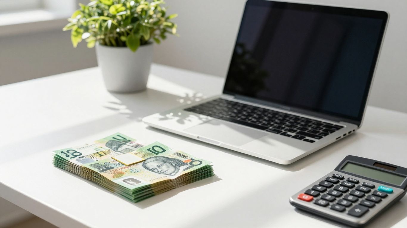 Australian business setup with money and laptop.