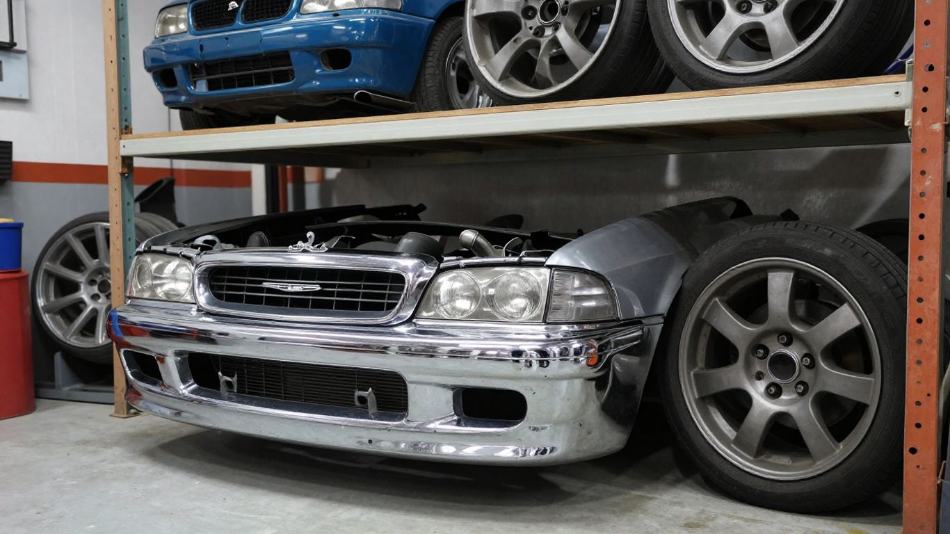 Used Chrysler car parts in a garage setting.