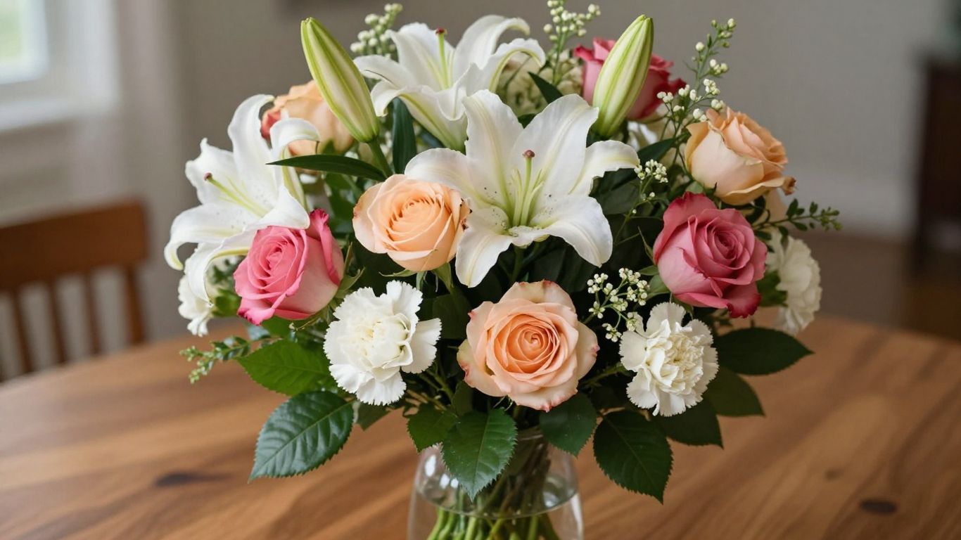 Anniversary flower arrangement with roses and lilies.