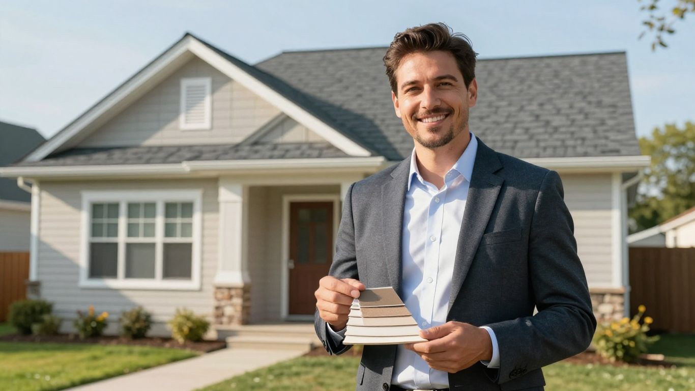 Roofing salesperson at a house with roofing samples.