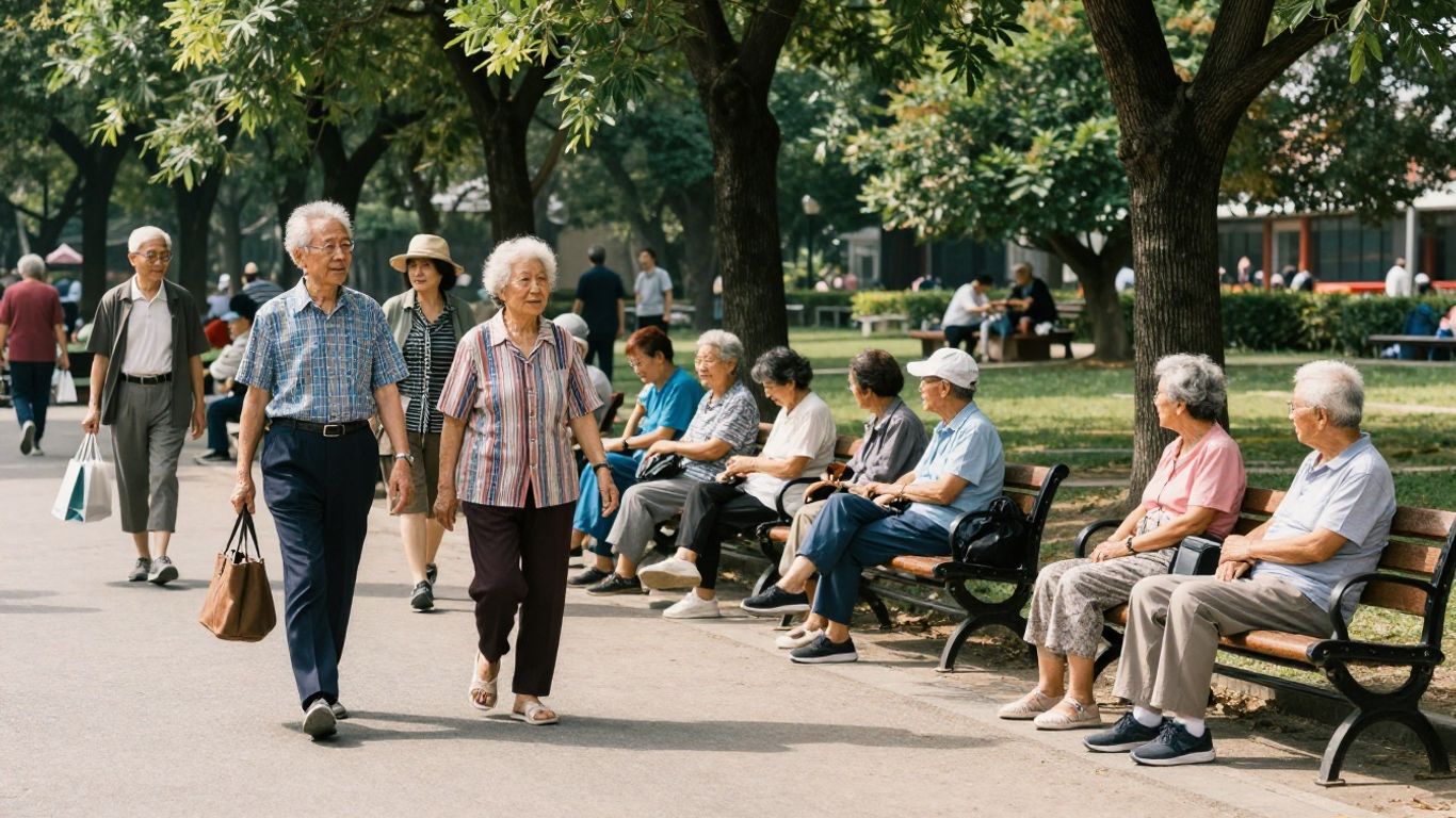 Elderly people enjoying a park, diverse group, sunny day.