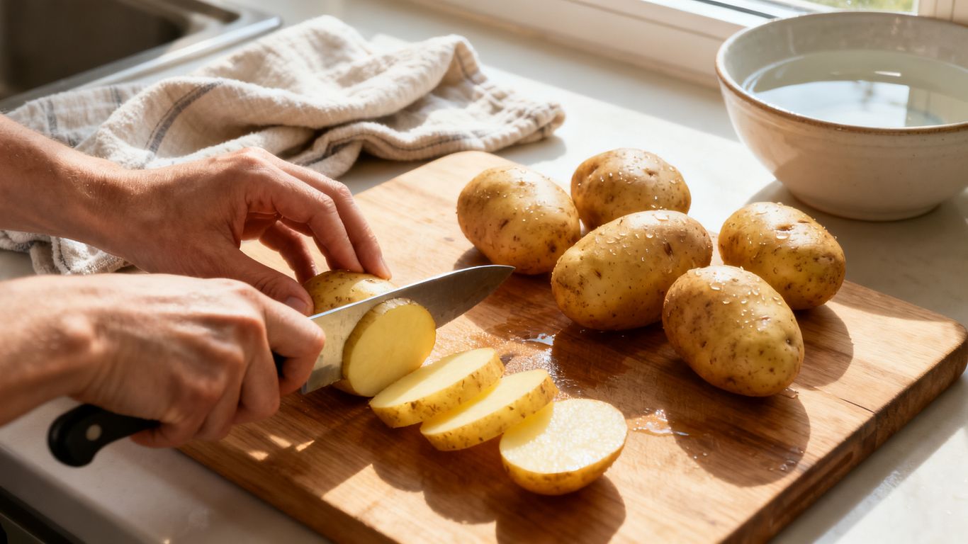 Biologische aardappelen wassen en snijden