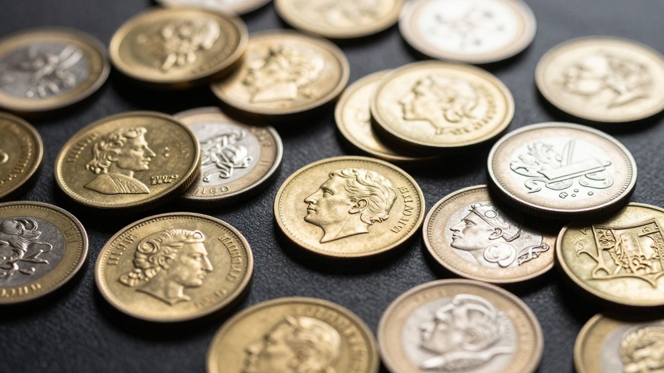 Gold and silver coins scattered on a dark surface.