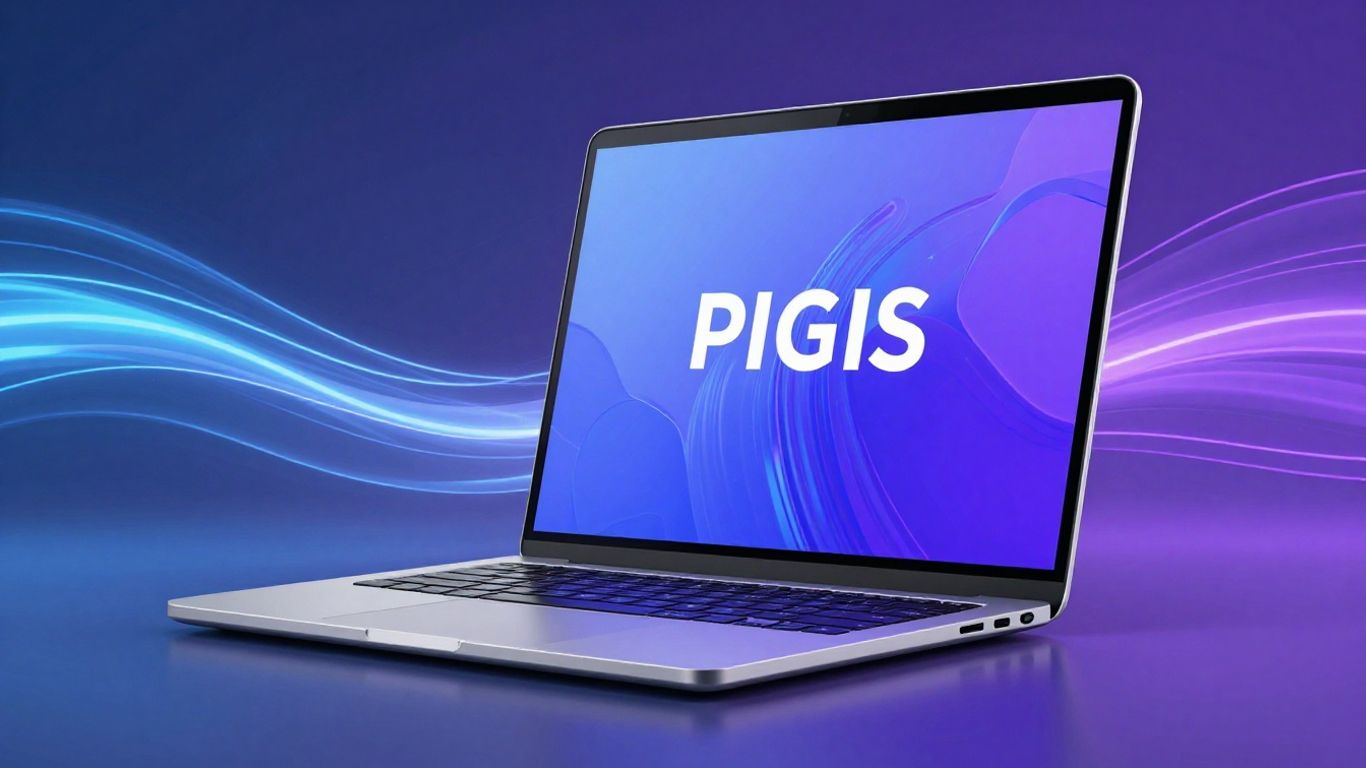 Laptop with digital interface and abstract light background.