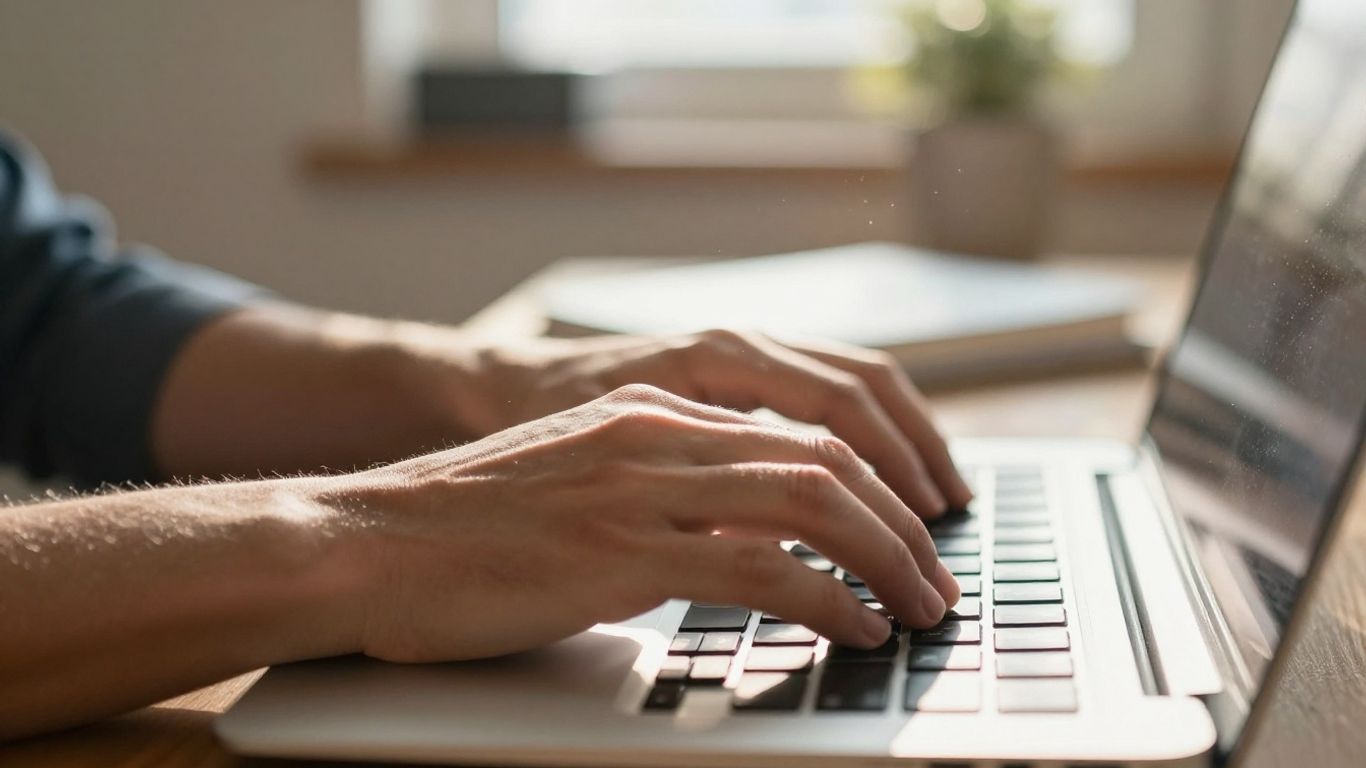 Hands typing on a laptop keyboard for affiliate marketing research.