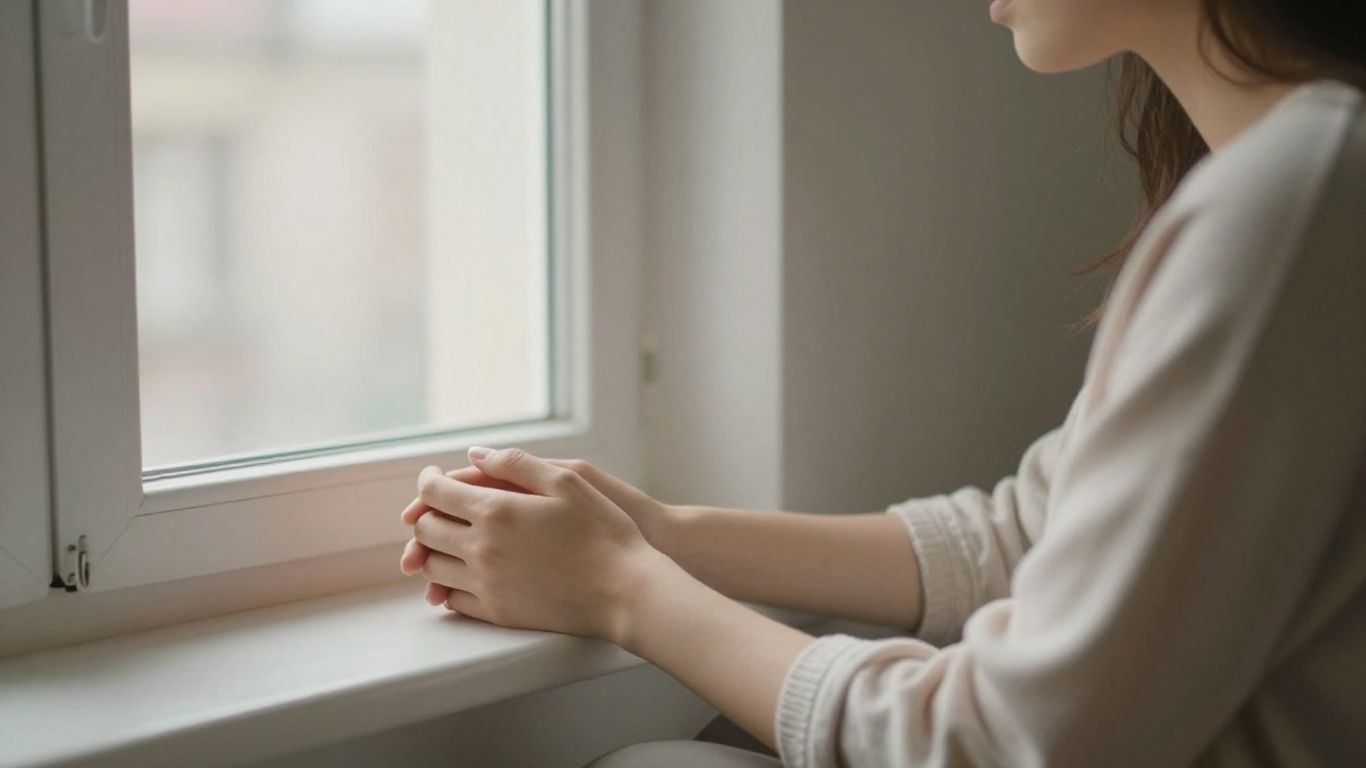 A person pausing beside a quiet window
