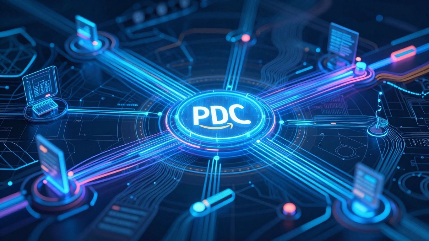 Amazon PPC automation network with futuristic digital pathways.