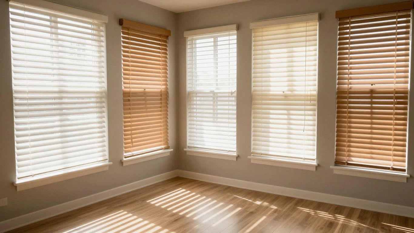 Window blinds adjusted for privacy and light control.