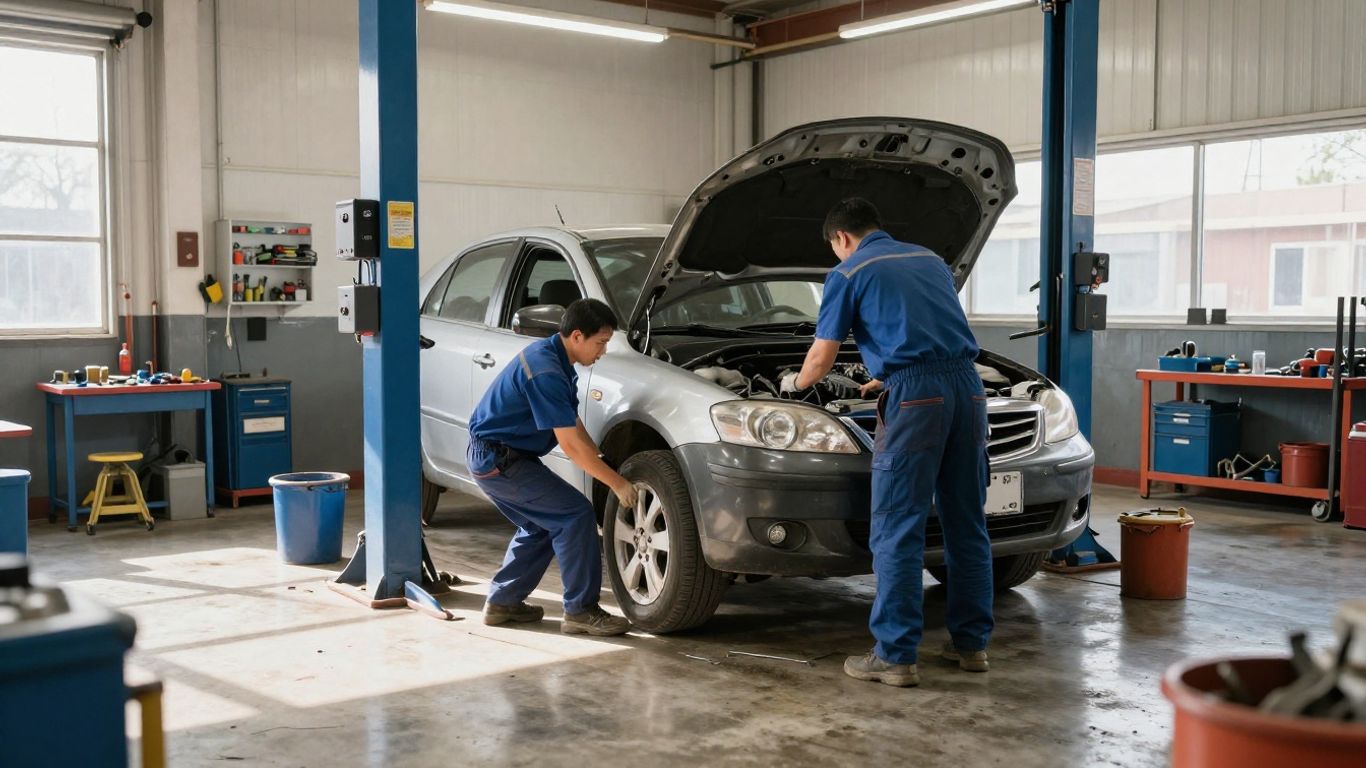 Mechanics working on a car in an auto repair shop.