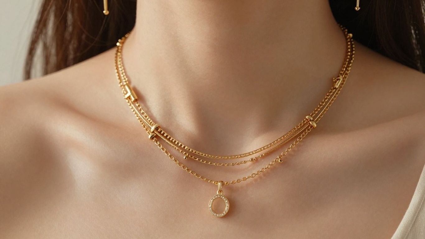 Woman wearing layered gold necklaces and earrings.