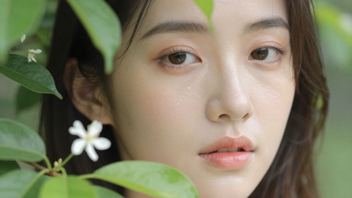Woman with dewy skin and natural elements