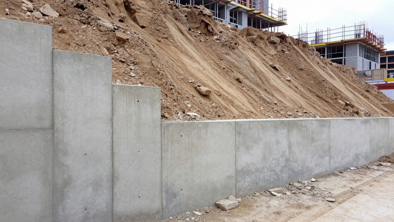 Cross-sectional view of a concrete secant pile retaining wall holding back a steep earth terrace next to a construction site.