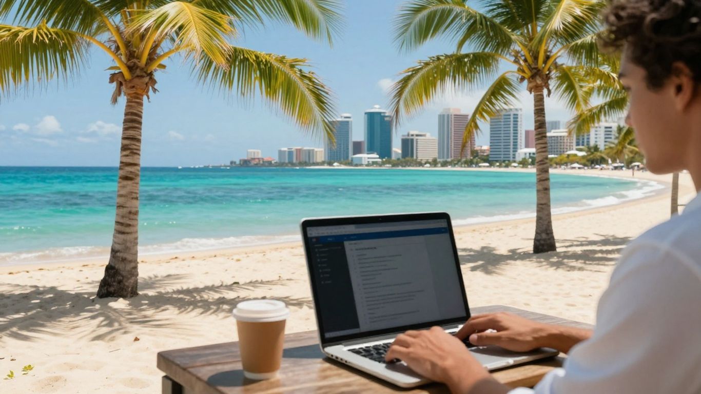 Digital nomad working on a laptop on a Thai beach.