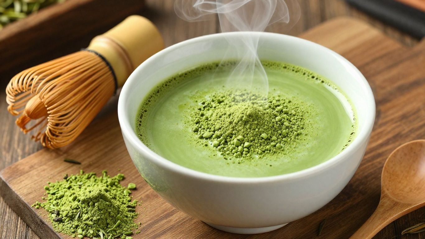 Vibrant green matcha powder in a ceramic bowl with whisk.