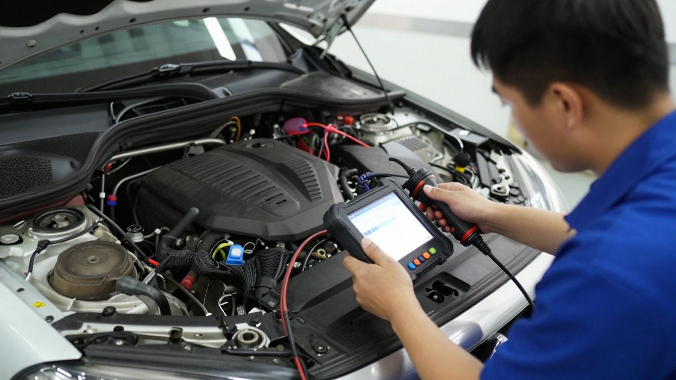 Mercedes diagnostic scanner beside engine bay