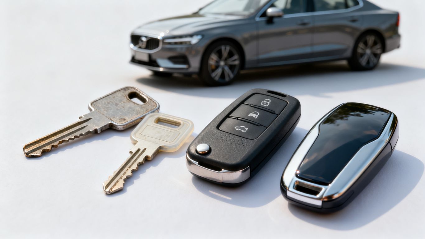 Car key types beside modern vehicle