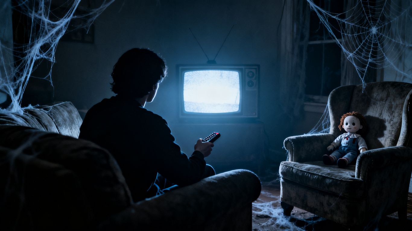 Figure watching horror movie on TV at home.