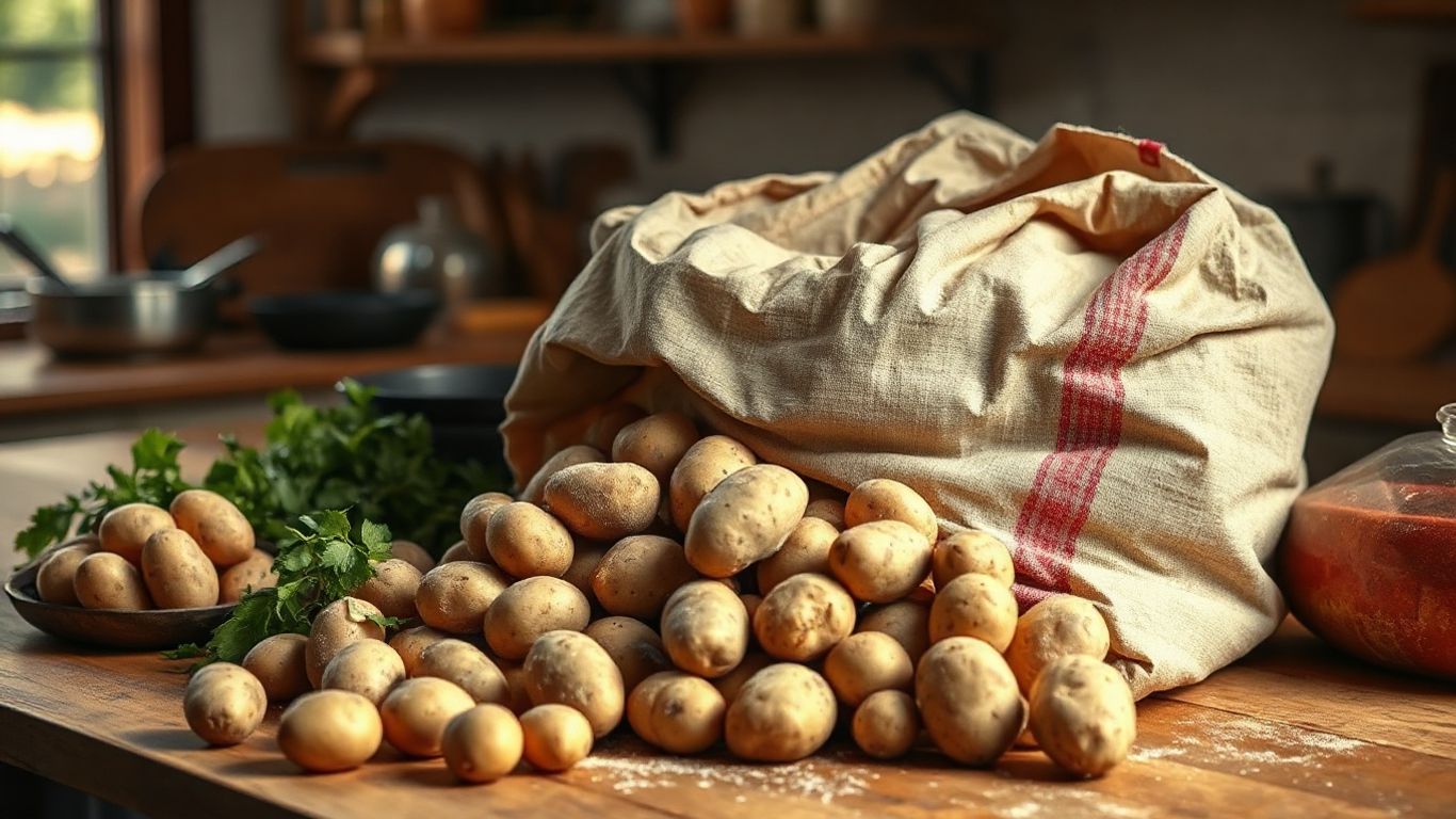 Zak met biologische aardappelen op houten tafel in keuken.