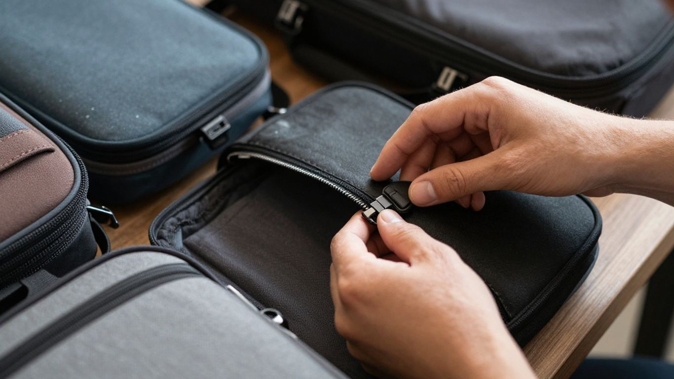 Hands examining various laptop bags for quality.