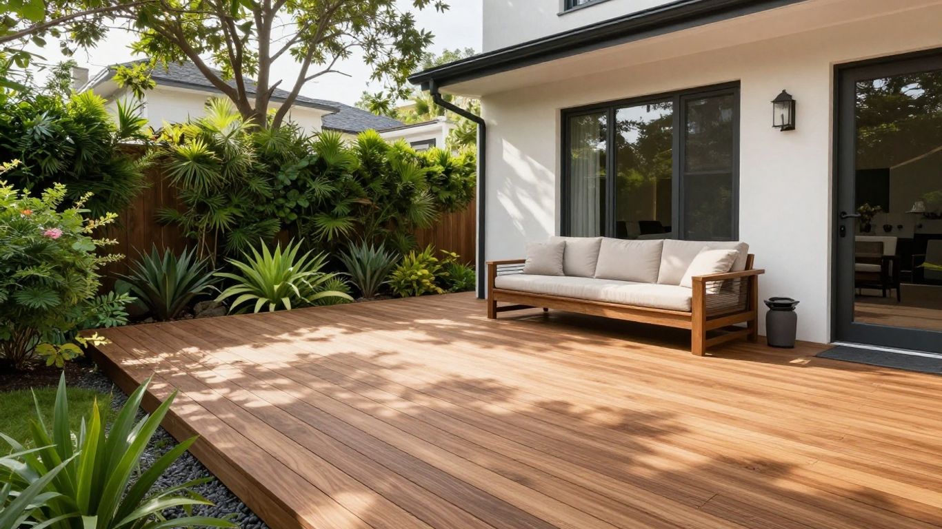 Composite deck attached to a modern home with seating.