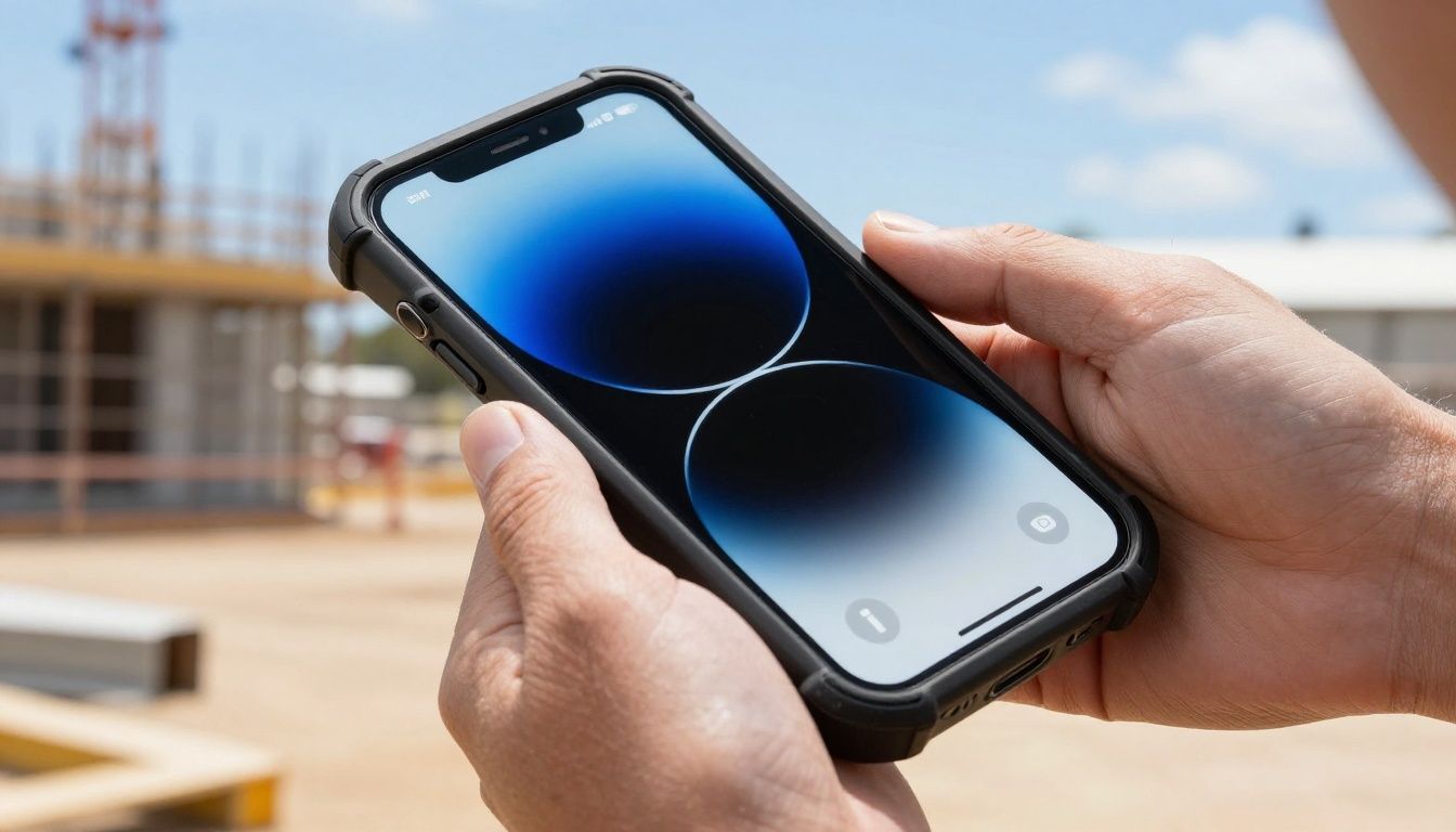 A tradie on a construction site in Australia, checking their iPhone 17 which is in a rugged, protective case.