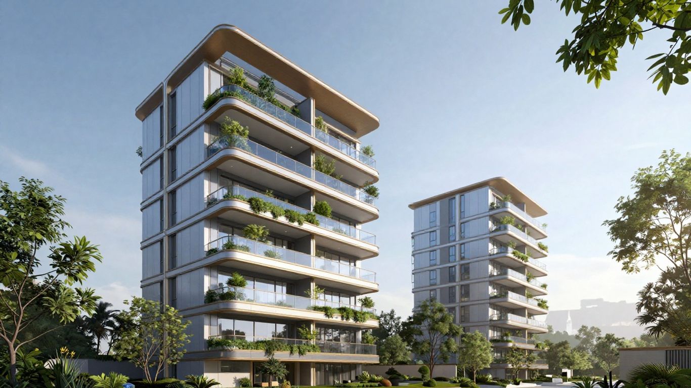 Complex rezidențial modern cu arhitectură elegantă și spații verzi.