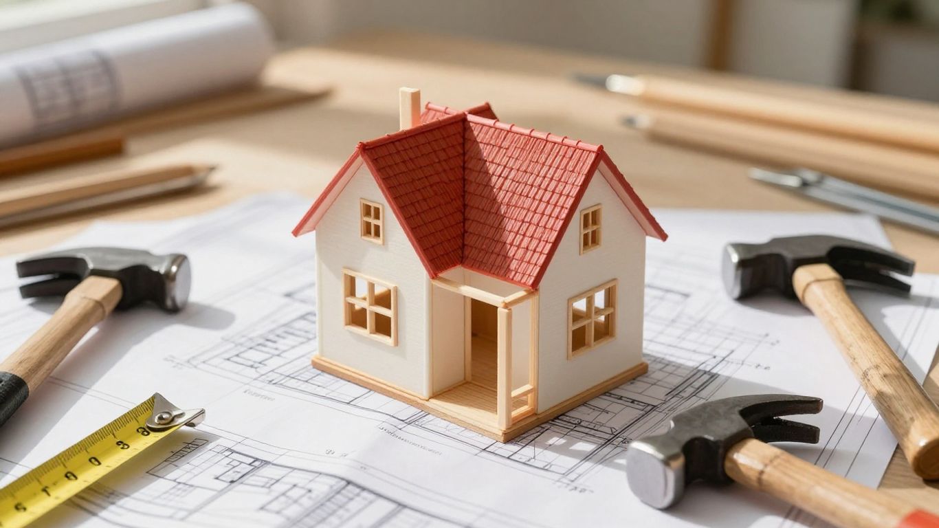 Tiny house on blueprint with tools