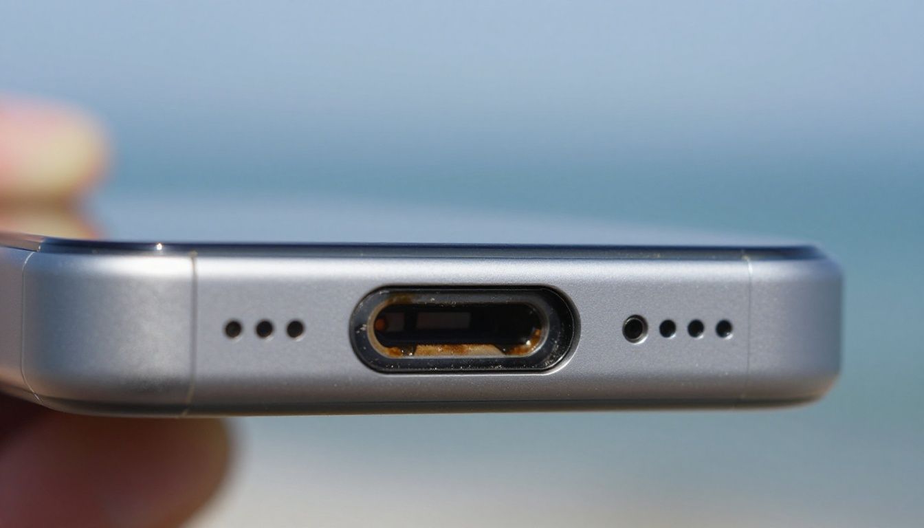 A close-up shot of a smartphone's charging port showing minor signs of corrosion and dust buildup, with a soft-focus coastal background.