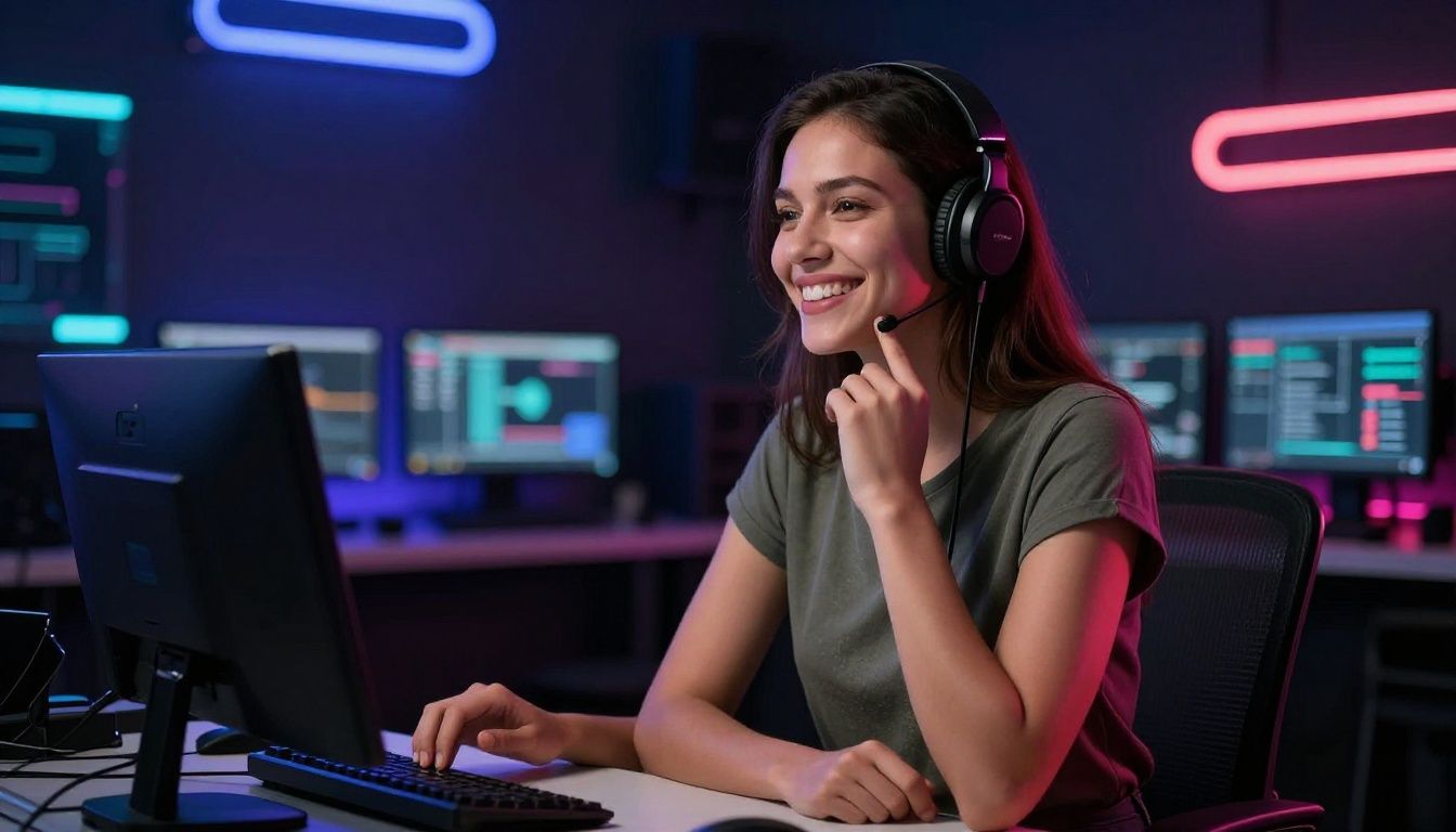 Pessoa sorridente transmitindo ao vivo de um estúdio profissional com iluminação colorida em um cenário tecnológico moderno