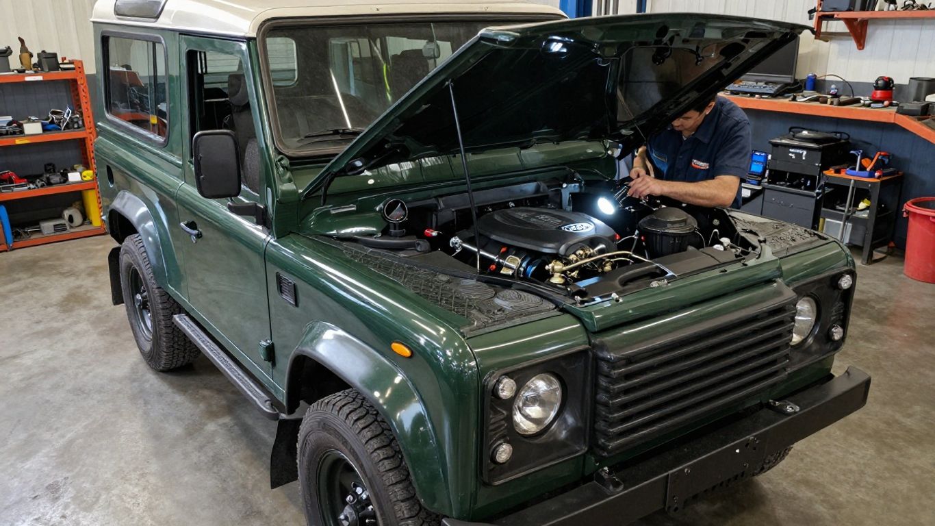 Land Rover parked beside an open workshop bay